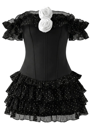 Ruffle Bardot Corset Two Piece Dress Black