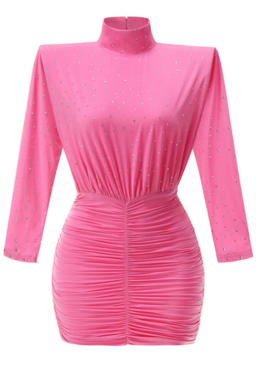 Long Sleeve Crystal Ruched Dress Pink