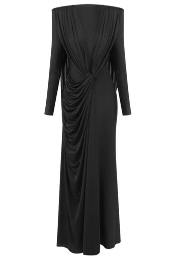 Long Sleeve Draped Design Maxi Dress Black