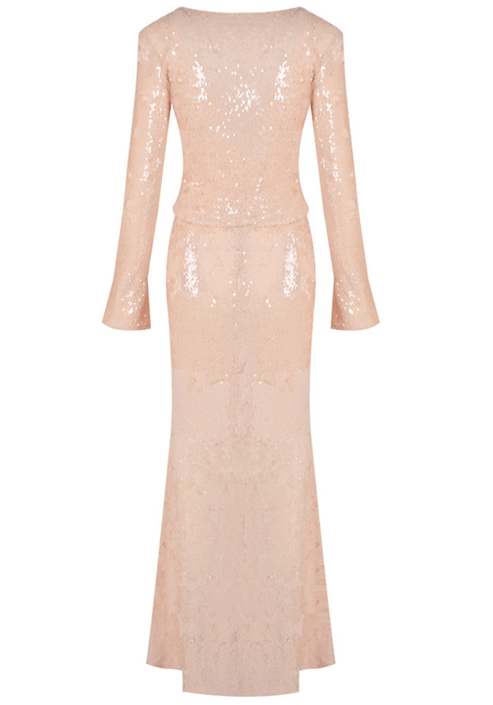 Long Sleeve Sequin Two Piece Maxi Dress Peach