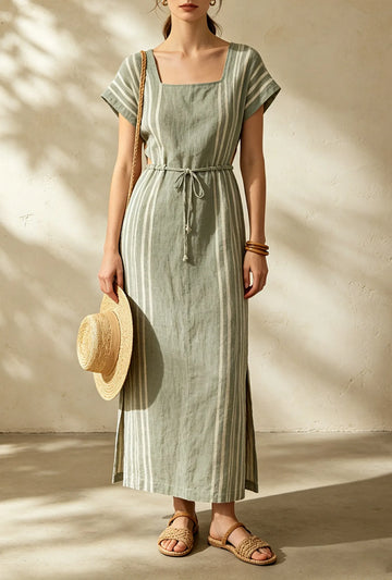 Women's Gingham Check Short Sleeve Midi Dress with Puff Sleeves & Tie Waist