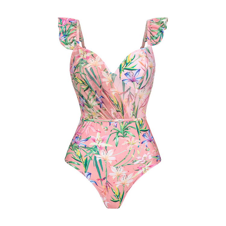 Floral Print One Piece Swimsuit and Mesh Splicing Sarong Flaxmaker