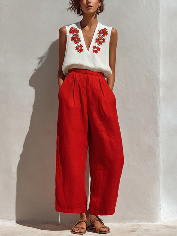Women’s White Sleeveless Floral Embroidered Linen Top & Red High-Waisted Wide-Leg Pants Two-Piece Set MDZ2803D3T