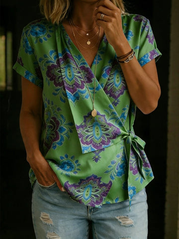 Women's Vintage Ethnic Floral Print Casual Cross-over Tie Neck Top