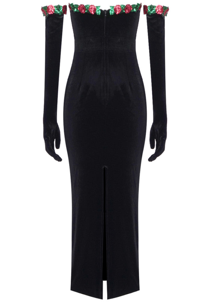 Strapless Floral Maxi Velvet Dress Black
