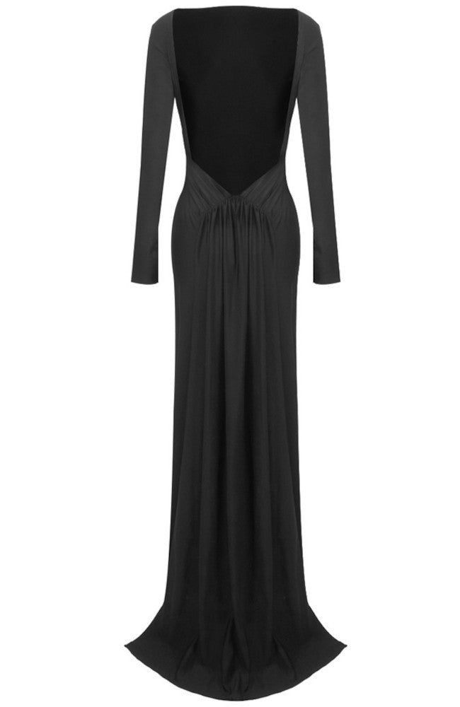 Long Sleeve Draped Backless Maxi Dress Black