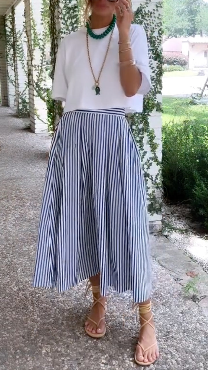 White Crop Tee & Striped Midi Skirt Outfit Two Piece Set