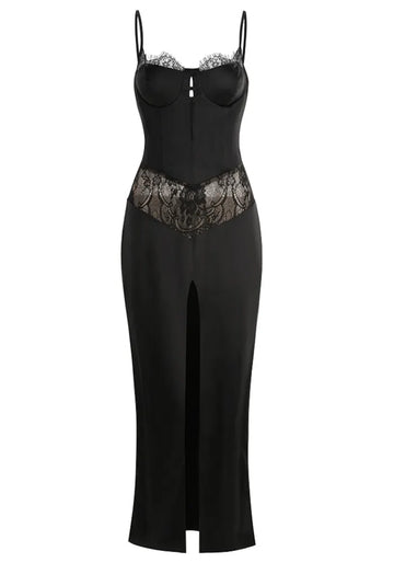 Lace Insert Bustier Maxi Dress Black