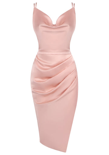 Draped Strappy Back Midi Silk Dress Pink