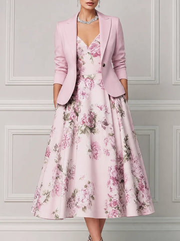 Blush Pink Tailored Blazer & Floral A-Line Midi Dress Set