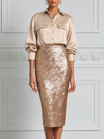 Champagne Satin Shirt Blouse & Sequin Pencil Skirt Set