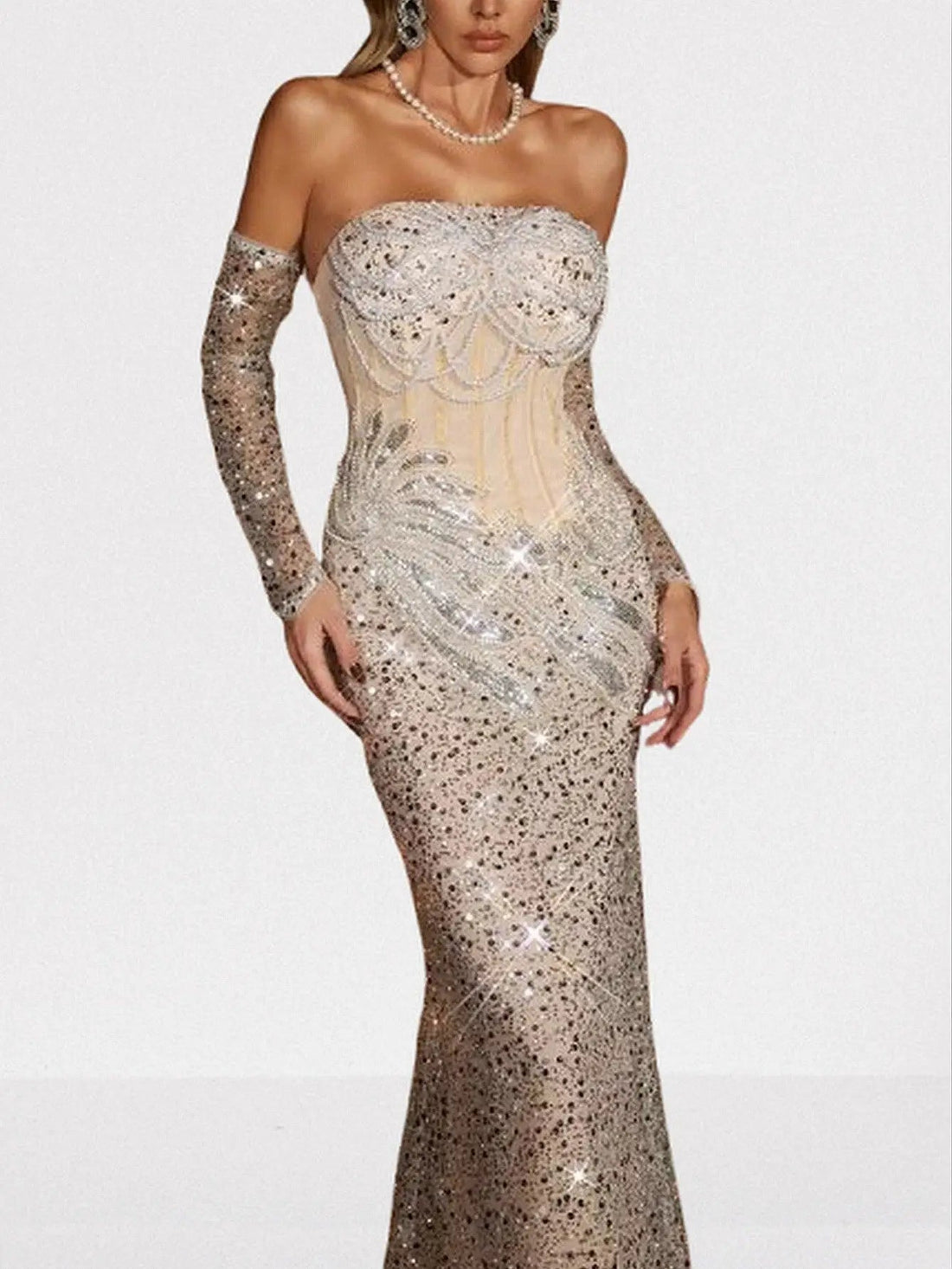 Strapless Nude Sequin & Pearl Embellished Gown