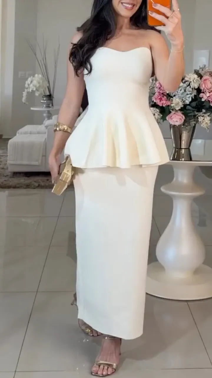 Strapless Peplum Top & Midi Skirt Two Piece Set