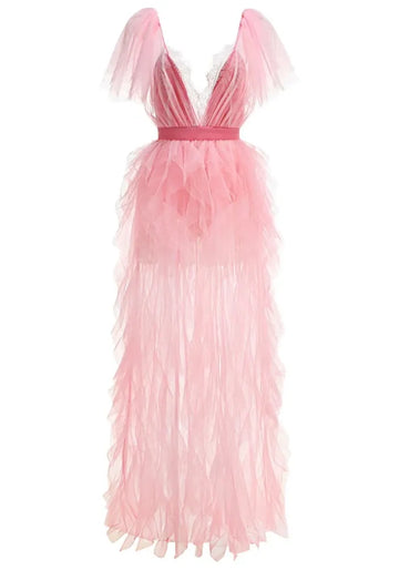 Short Sleeve Lace Mesh Ruffle Maxi Dress Pink