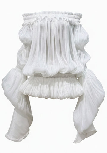 Long Sleeve Bardot Bubble Dress White