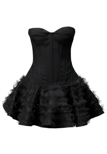 Strapless Ruffle Corset Skater Dress Black