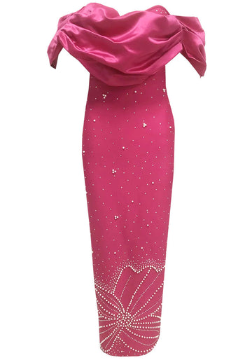 Draped Bardot Crystal Pearl Floral Maxi Dress Hot Pink