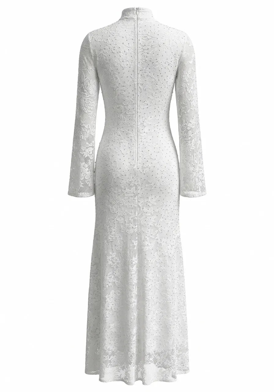 Long Sleeve Embellished Lace Maxi Dress White