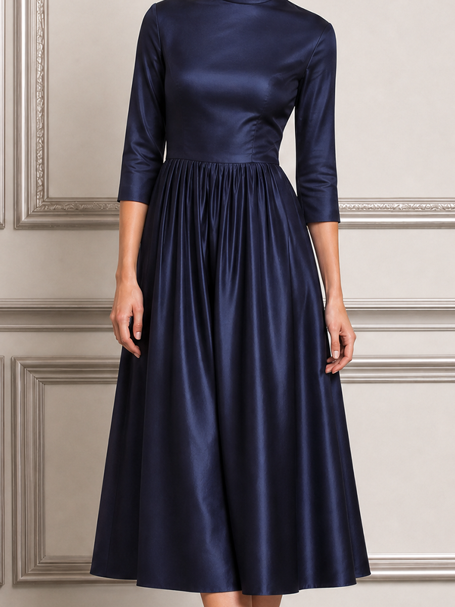Navy Dress Fall Wedding Guest Dress Satin Mock Neck A-Line Midi Dress
