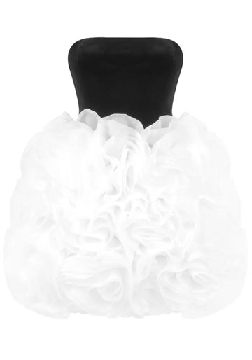 Strapless Floral Ruffle Dress Black White