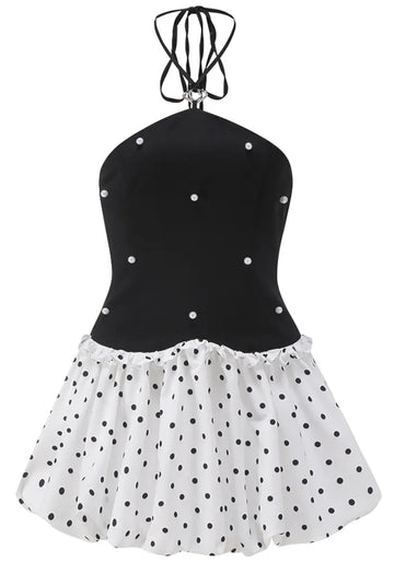 Halter Pearl Polka Dots Puff Dress Black White