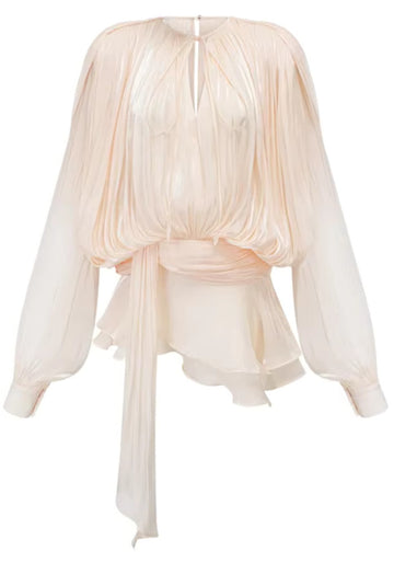Long Sleeve Draped Ruffle Two Piece Dress Ivory