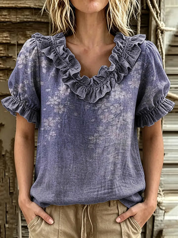 Women's Vintage Floral Print Ruffle V-Neck Puff Sleeve Blouse