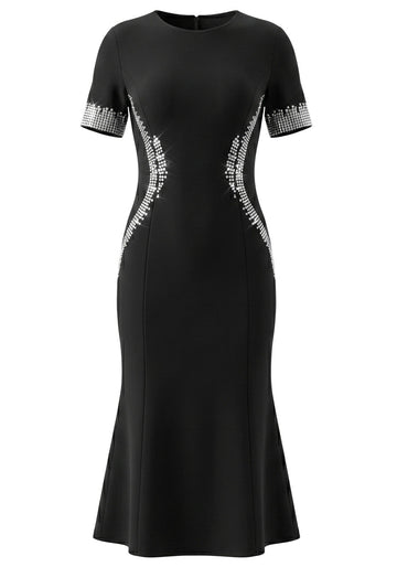 Short Sleeve Crystal Fluted Midi Dress Black