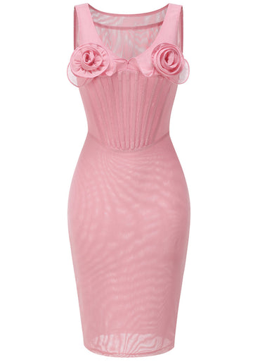 Floral Bustier Structured Midi Dress Pink