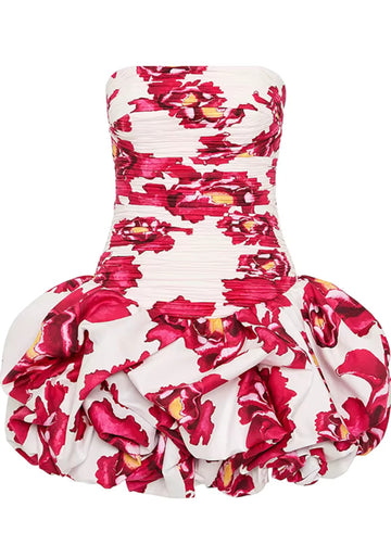 Strapless Ruched Puff Dress Floral Hot Pink