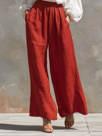 Women's Minimalist Solid-Color Linen-Blend Wide-Leg Pants With Elastic Waist MDZ1346D4Y