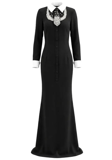 Long Sleeve Crystal Tie Maxi Dress Black