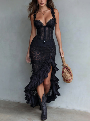 Lace Sheath Dress With Ruffled Hem And Corset Detailing - Black Gothic Midi Dress For Women