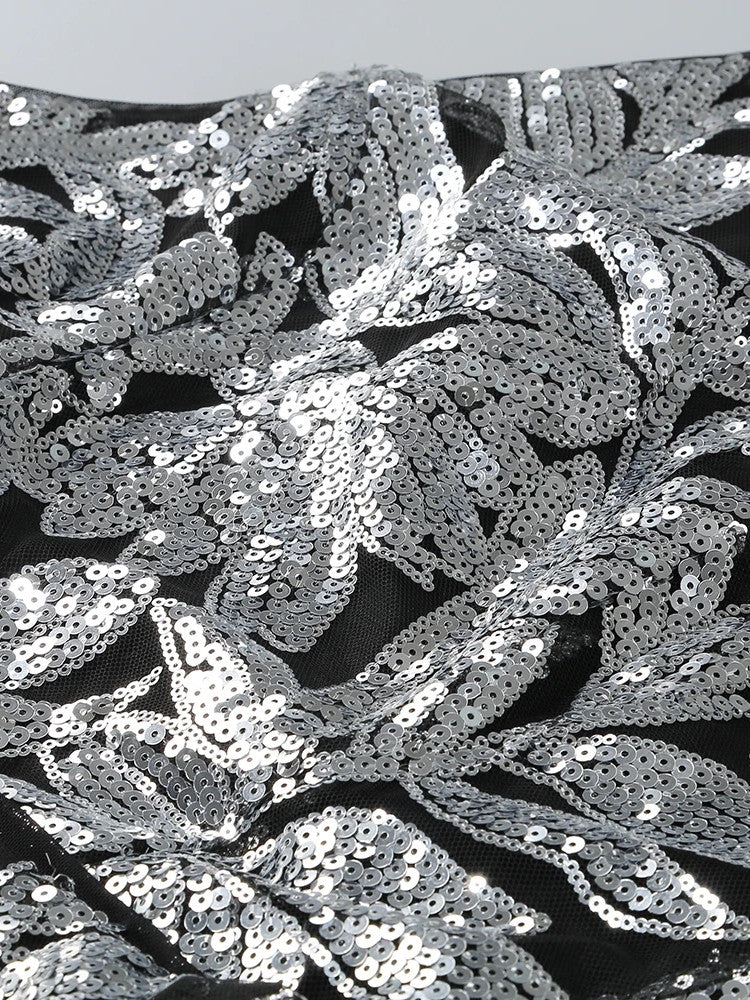 Halter Sequin Floral Maxi Dress Black Silver