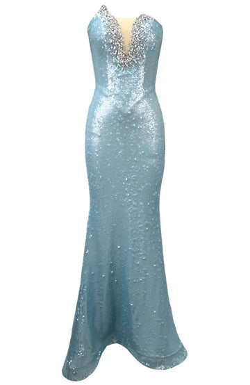 Strapless Crystal Sequin Maxi Dress Light Blue