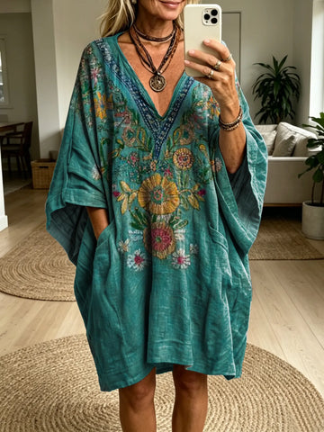 Women's Retro Green Textured Floral Art Print Batwing Sleeve Casual Dress