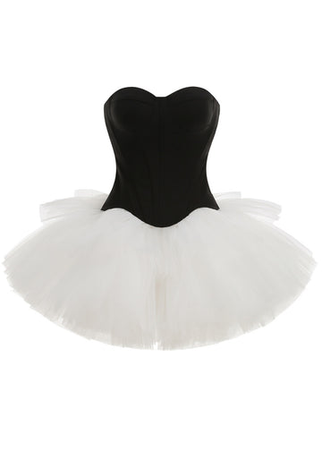 Strapless A Line Mesh Dress Black White