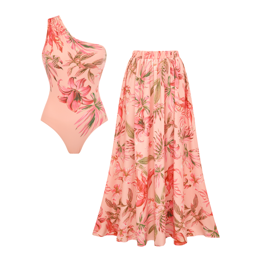 One Shoulder Pink Lily Print Swimsuit Set(s)
