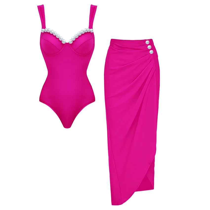 Sling Artificial Pearl Decor Pink One Piece Swimsuit and Skirt