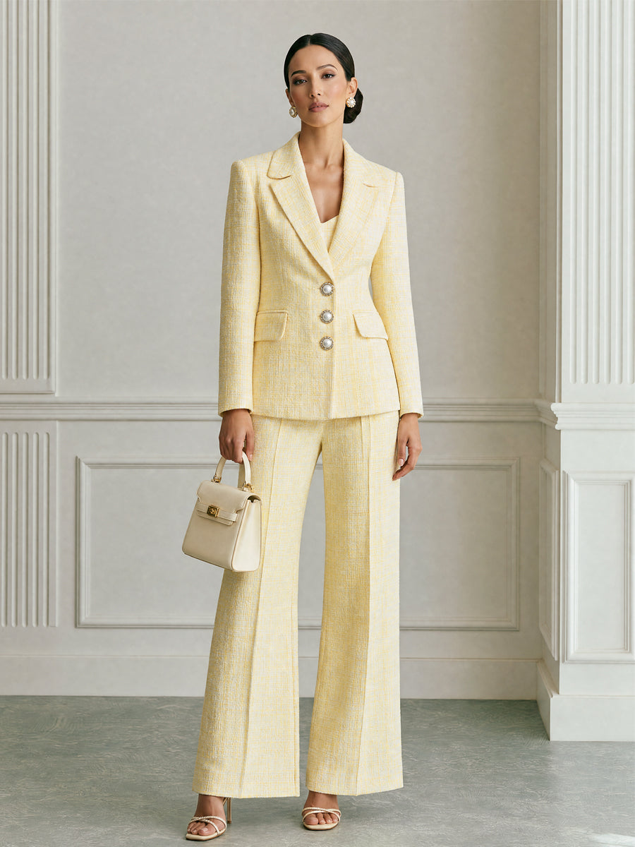 Tweed Three-Button Blazer And Wide-Leg Pants Suit Set