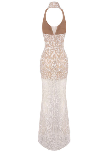 Halter Embellished Lace Maxi Dress Nude