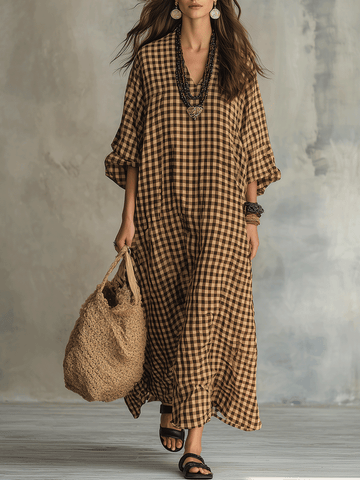 Bohemian-Inspired Relaxed Fit Gingham Check V-Neckline Maxi Dress