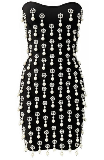 Strapless Crystal Pearl Embellished Dress Black