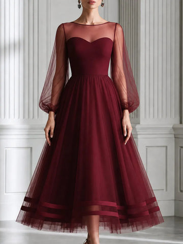 Elegant Illusion Neck Puff Sleeve Tulle A-Line Formal Dress