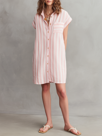 Women's Minimalist Striped Single-Breasted Cap-sleeves Mini Shirt Dress MDZ2877D1Y