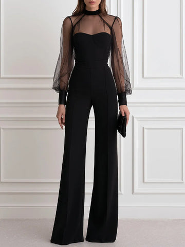 Elegant Mesh Sheer Long Sleeve High Neck Wide Leg Jumpsuit