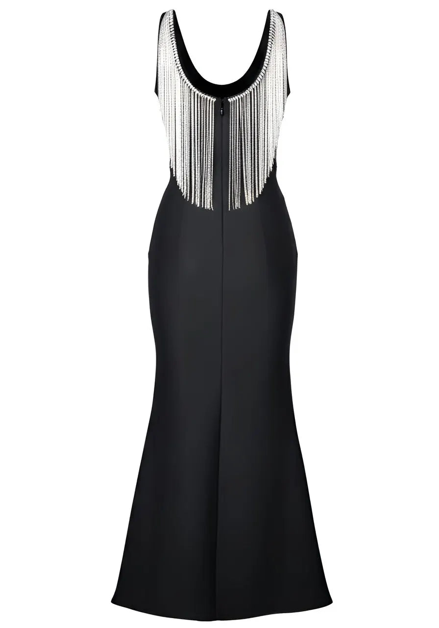 Tassel Back Detail Maxi Dress Black White