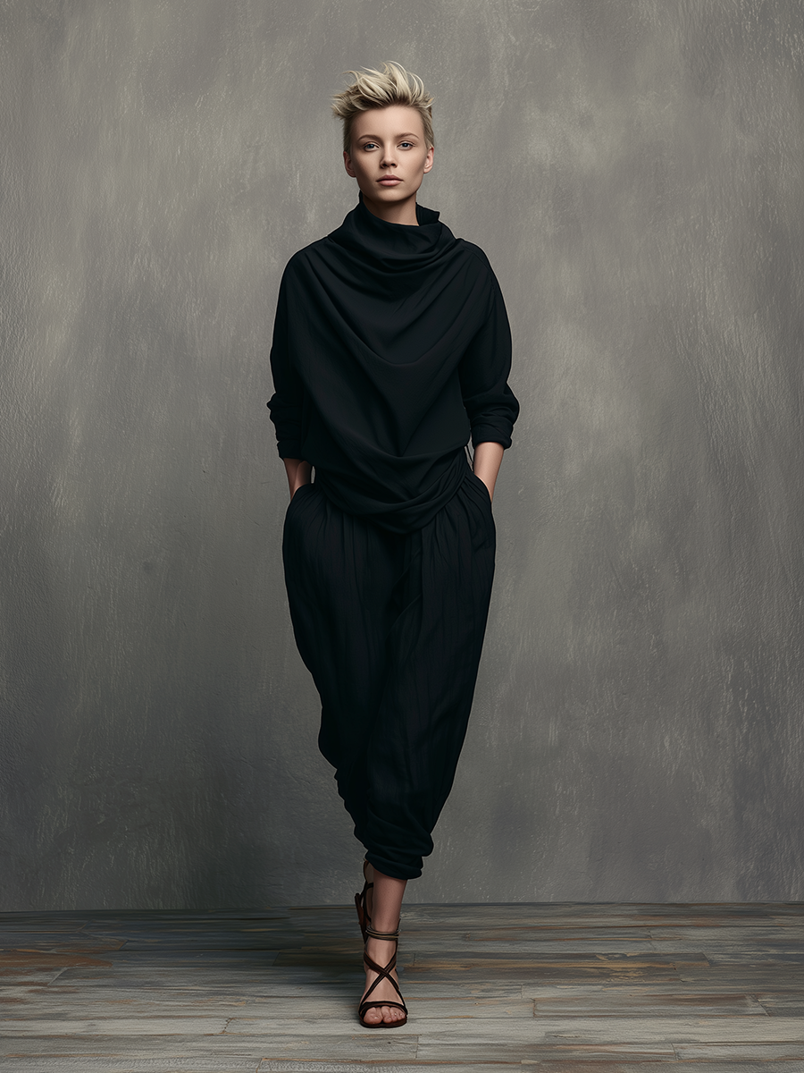 Women's Minimalist Black Polyester-Cotton Set: Mock-Neck Top & Loose-Fit Tapered Cropped Harem Pants  MDZ2745D6ZJW