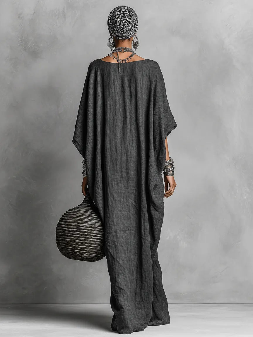 Women's Loose Cotton And Linen Batwing Sleeve Maxi Dress MDA1328K8Y