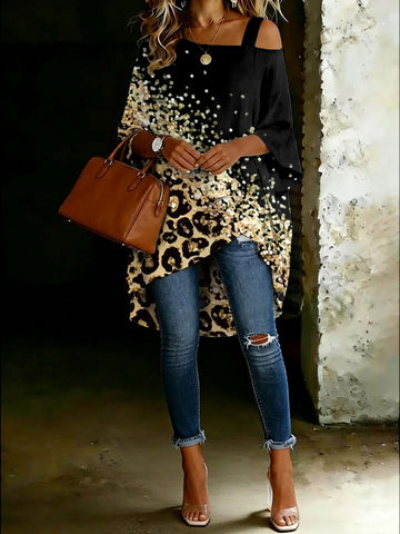 Women's Leopard Golden Black Cold Shoulder Asymmetrical Hem Blouse